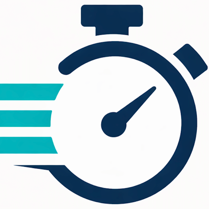 Icon of a stopwatch with a blue arrow symbolizing speed on a white background